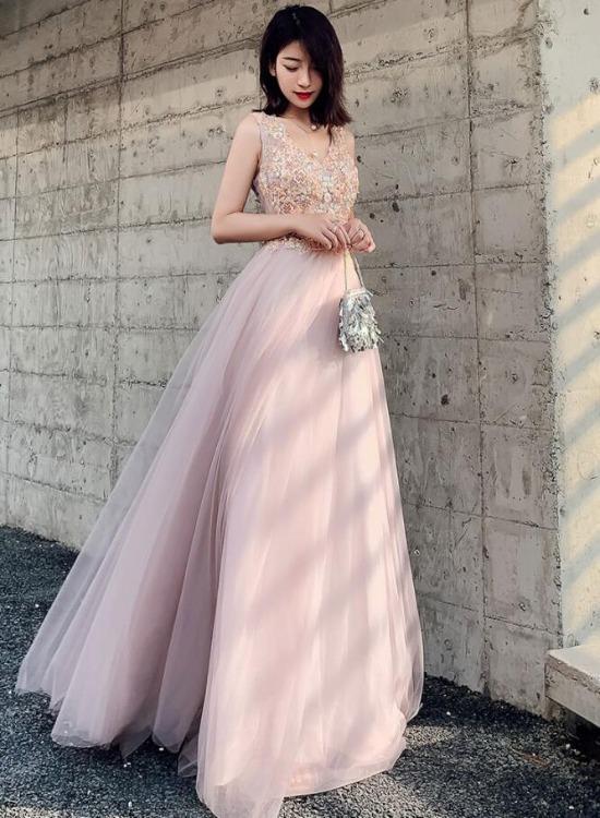 Beautiful V-neckline Pink Tulle With Lace Long Party Dresses, A-line Pink Formal Dresses