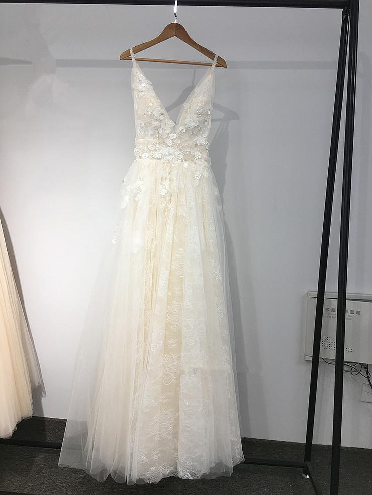 Ivory Lace V-neckline Flowers Tulle Prom Dress, Ivory Wedding Party Dress Formal Dress