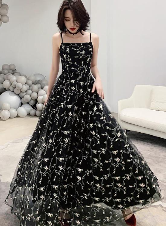 Black Floral Simple Pretty Straps A-line Long Evening Dress Prom Dress, Black Floor Length Party Dress