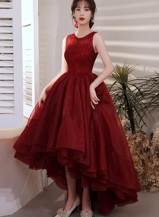 Wine Red Organza Lace High Low Chic Party Dresses Prom Dress, Dark Red Homecoming Dresses