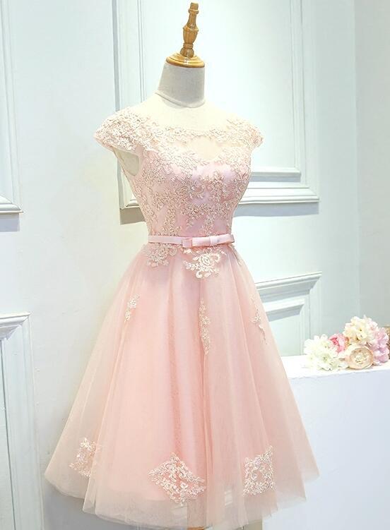 Pink Tulle Cap Sleeves Lace Applique Party Dress Homecoming Dress, Short Prom Dress