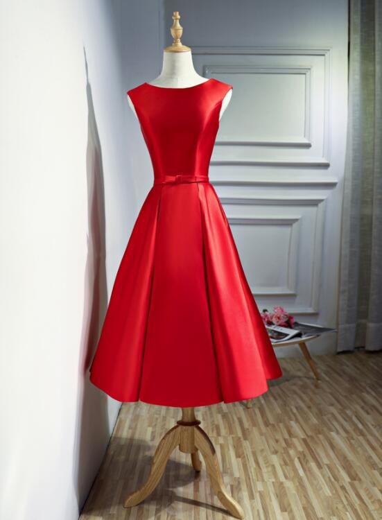 Red Satin Tea Length Round Neckline Party Dress, Short Red Wedding Party Dress