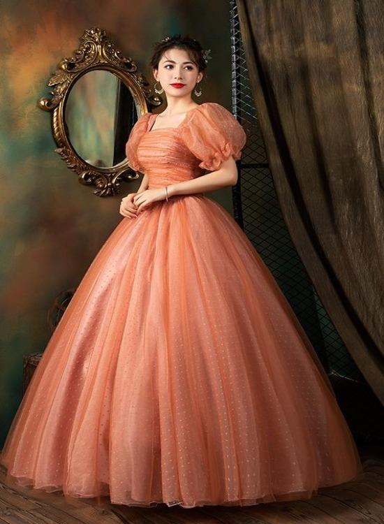 Lovely Organge Cute Short Sleeves Vintage Party Dress, Cute Ball Gown Formal Dress