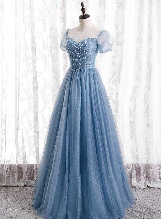 Light Blue Beaded Cap Sleeves Tulle Long Formal Dress, Blue A-line Prom Dress Evening Gown