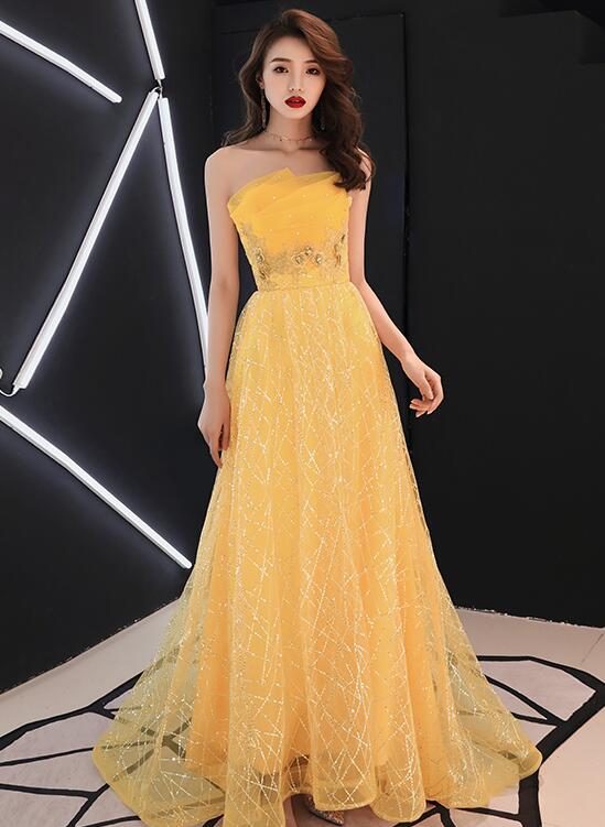 Unique Yellow Tulle Style Beaded Flowers Formal Gown, Yellow Long Prom Dress Party Dress