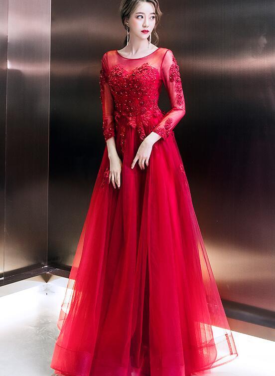 Wine Red Tulle Long Sleeves Lace Applique Party Dress, A-line Tulle Prom Dress Evening Dress
