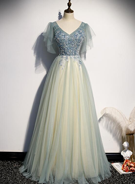 Light Blue Off Shoulder Sweetheart Tulle Long Party Dress, A-line Simple Floor Length Prom Dress