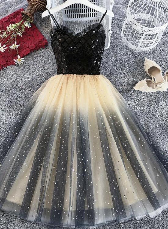 Lovely Gradient Tulle Black Top Short Party Dress, Spaghetti Strap Cute Homecoming Dress