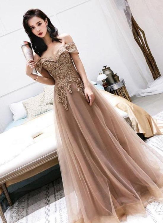 Champagne Tulle Lace Off Shoulder Long Party Dress, Tulle Floor Length Evening Dress