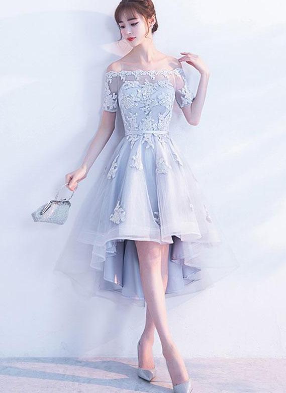 Grey Short Sleeves Tulle With Lace High Low Party Dress, Light Grey Homecoming Dress