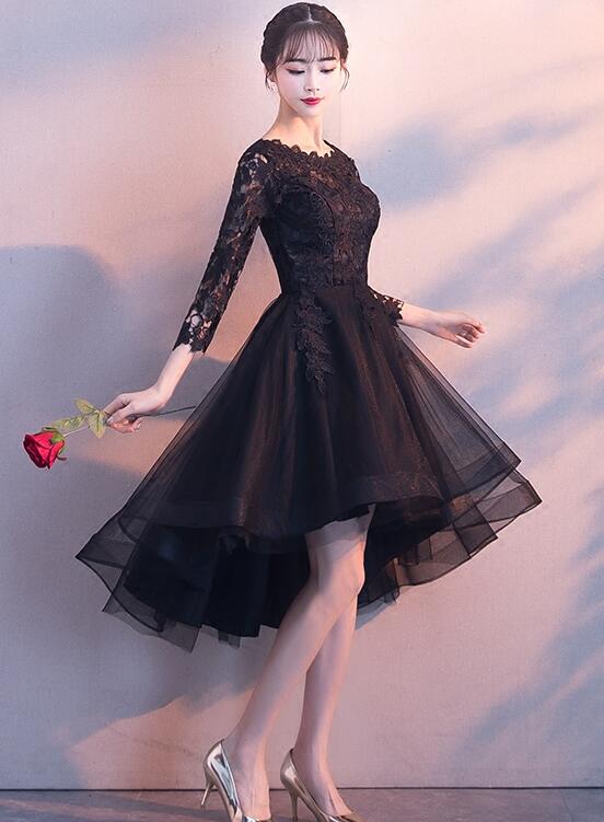 Black High Low Lace And Tulle Round Neckline Prom Dress, Black Short Homecoming Dress