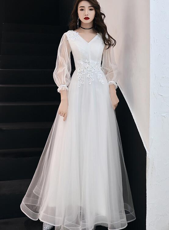 White Long Sleeves Tulle Simple Wedding Party Dress With Lace, A-line Formal Dress