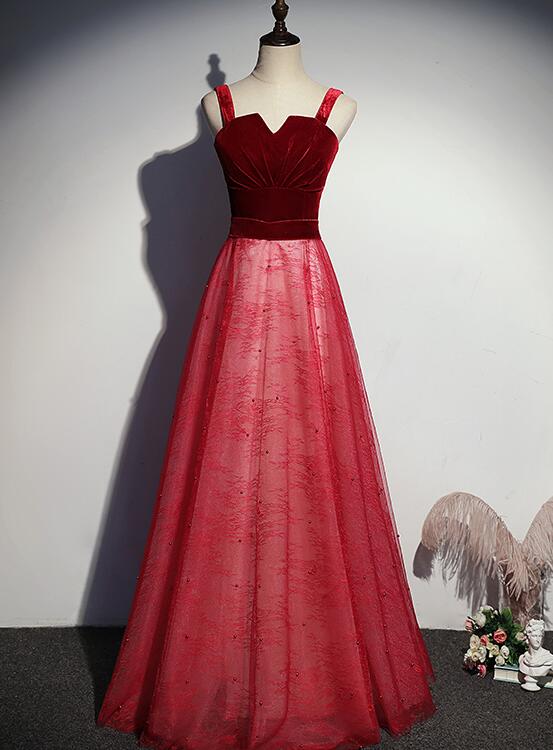 Red Lovely Tulle With Velvet Top Floor Length Prom Dress, Red Long Formal Dress