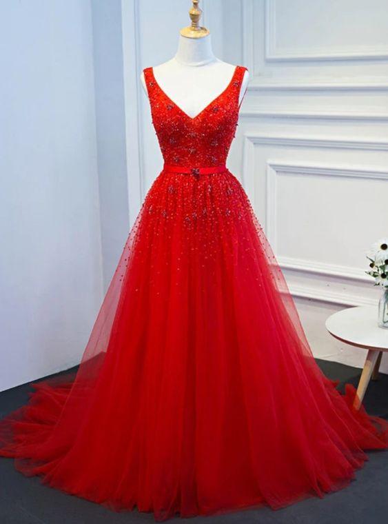 Red V-neckline Sequins And Beadings Tulle Long Party Dress With Belt, Red Tulle Formal Dress