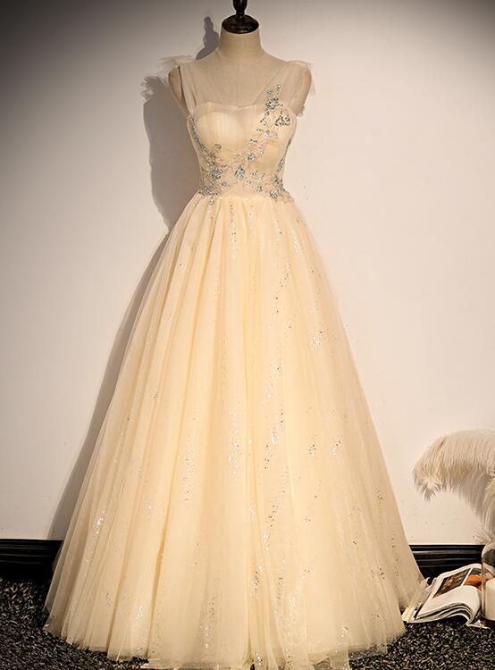 Lovely Champagne Sequins Long Style Party Dress, A-line Tulle Formal Dress
