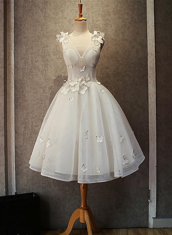 White Tulle Short V-neckline Party Dress, Cute Graduation Dress Prom Dress