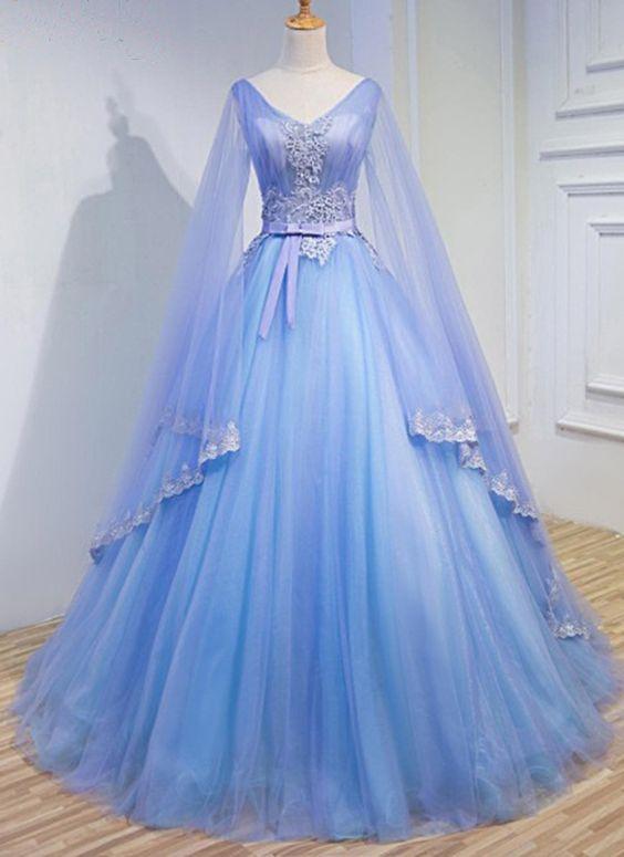 Beautiful Blue V-neckline Prom Dress With Long Sleeves, Lace Applique Party Dress For Teen