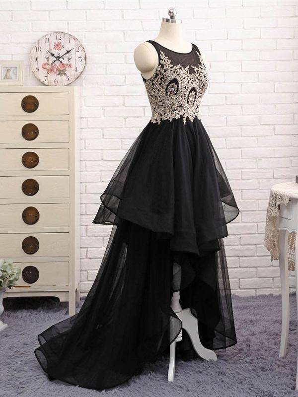 Elegant Black High Low Tulle Party Dress With Applique, Black Formal Dresses Homecoming Dress