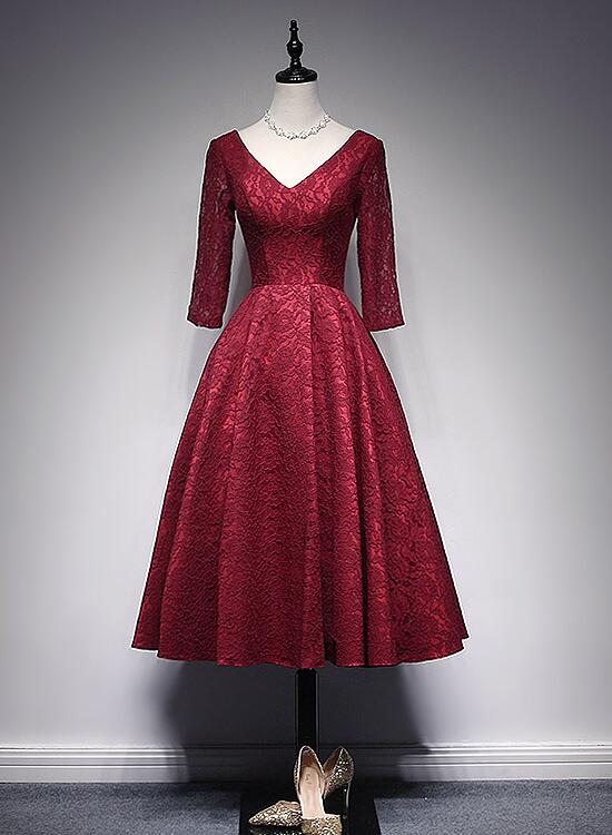 Wine Red Lace Short Sleeves V-neckline Bridesmaid Dress, Tea Length Party Dress Prom Dress