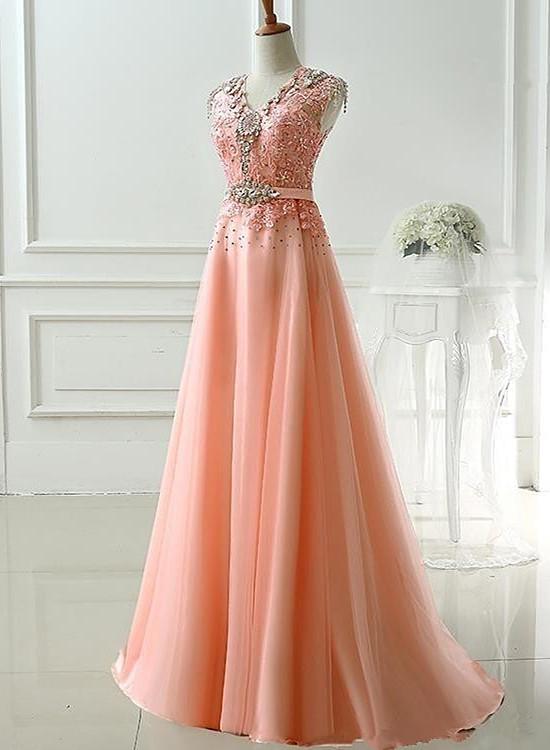 Beautiful Pink Tulle Long Prom Dress, A-line Cap Sleeves Party Dress 2021