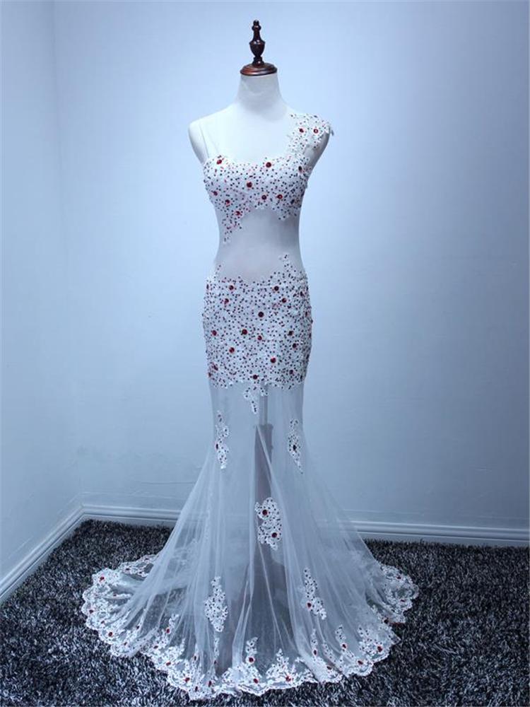 Sexy White See Through Prom Dress,one Shoulder Evening Dress,mermaid Beaded Party Dress