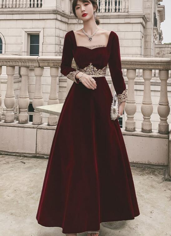 Elegant Wine Red Velvet Long Sleeves Party Dress, Dark Red Evening Dress