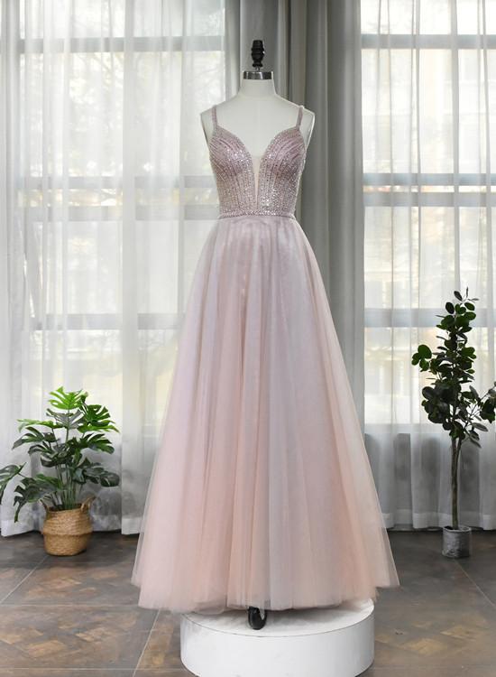 Light Pink Beaded Straps Tulle Floor Length Prom Dress, A-line Prom Dress 2021