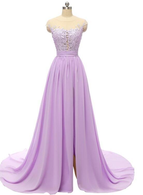Beautiful Simple Chiffon With Lace Slit Long Prom Dress, A-line Prom Dress 2021