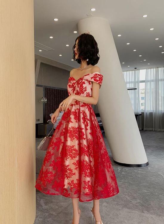 Red Lace Off Shoulder Tea Length Bridesmaid Dress, Lace Party Dress Prom Dress