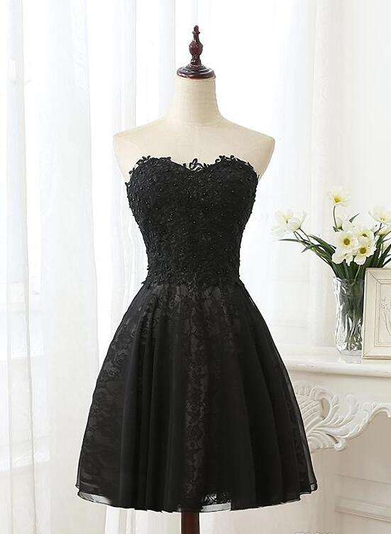 Black Sweetheart Lace and Beaded Homecoming Dress, Black Short Party Dress