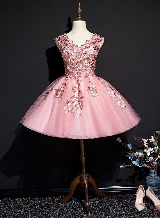 Beautiful Pink Tulle Flowers Homecoming Dress, Short Pink Teen Formal Dress