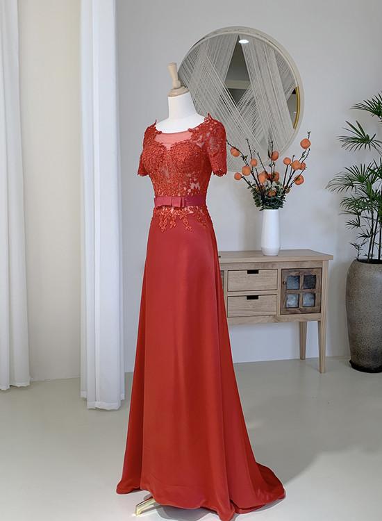 Elegant Red Floor Length Short Sleeves Party Dress, Red Prom Dress