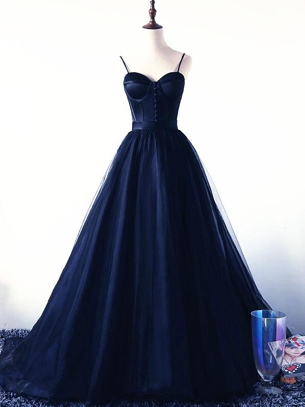 Charming Navy Blue Tulle and Satin Straps Long Party Dress, Navy Blue Prom Dress