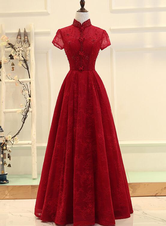 Wine Red Cap Sleeves High Neckline Long Party Dress, Lace Junior Prom Dress