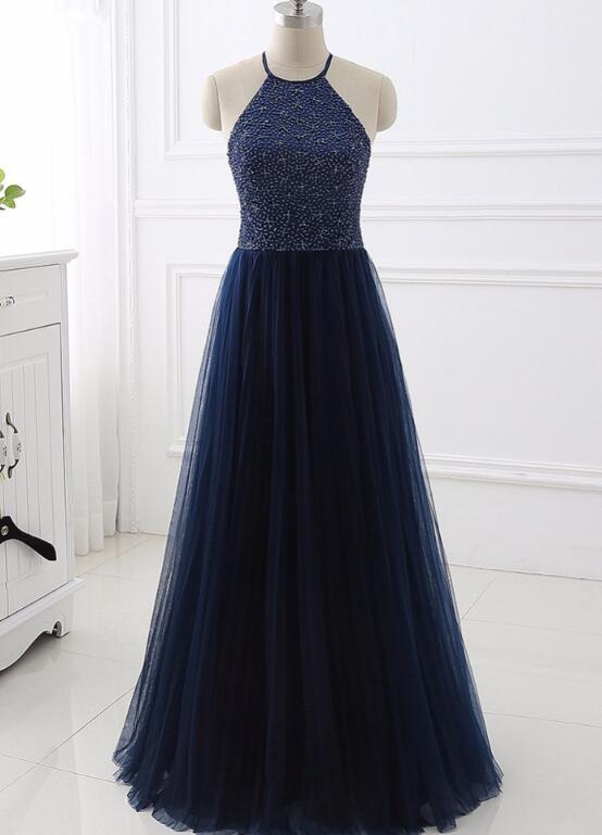 Elegant Navy Blue Halter Beaded Long Evening Dress, Beautiful Prom Dress