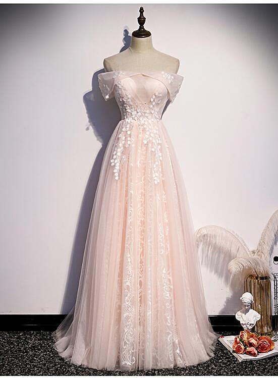 Long Pink Off Shoulder A-line Prom Dress With Lace, Sweetheart Evening Dress