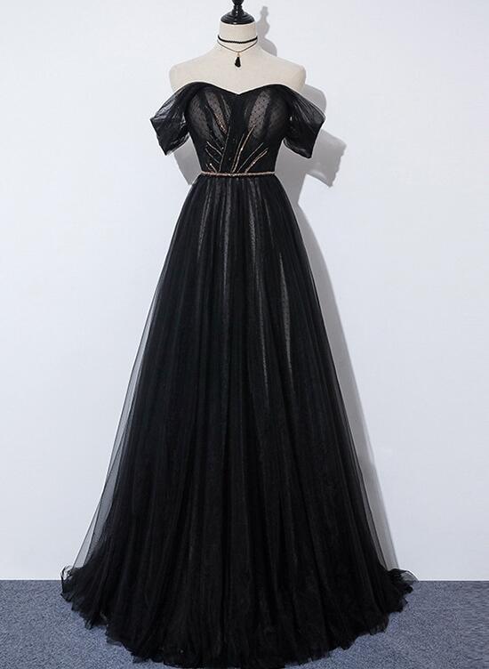 Black Off Shoulder Sweetheart Tulle Long Party Dress, A-line Prom Dress Evening Dress