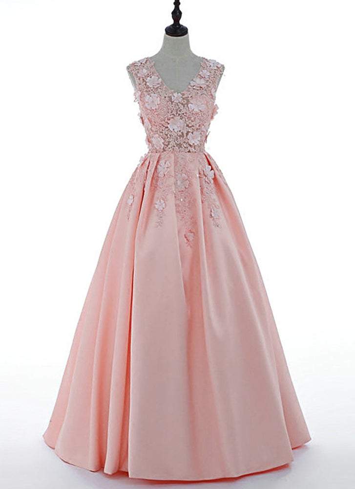 Pink Satin Flowers Floor Length Junior Prom Dress, Pink Formal Dress