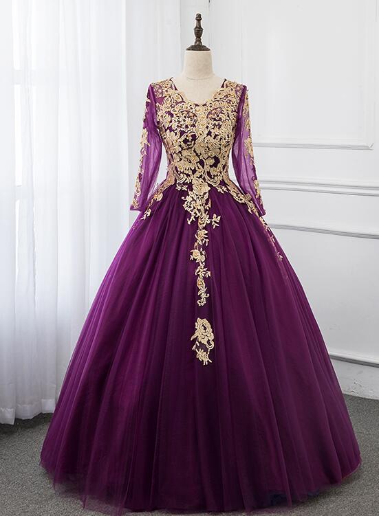 Beautiful Purple Tulle Long Sleeves With Lace Applique Party Dress, Long Formal Dress