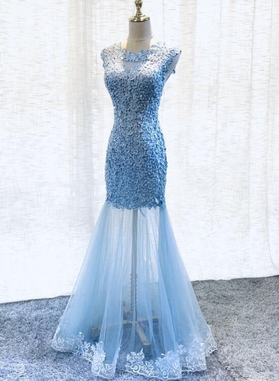 Sexy Blue Lace Mermaid Tulle Long Prom Dress, Round Neckline Lace-up Party Dress