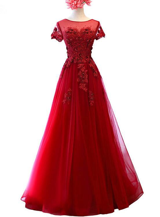 Dark Red Tulle Cap Sleeves Long Formal Dress with Lace, Long Evening Gown