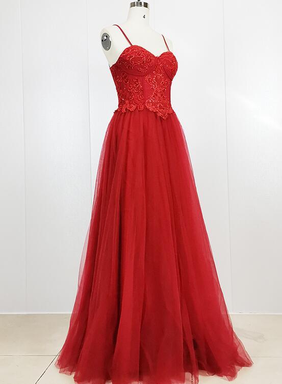 Red Tulle Sweetheart Straps Long Party Gown, Red Prom Dress