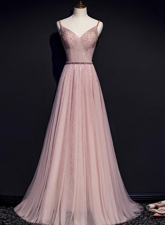 Pink V-neckline Beaded Tulle Prom Dress 2020, Party Gown