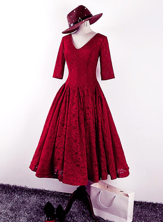 High Quality Burgundy Lace Wedding Party Dress, Tea Length Prom Dress