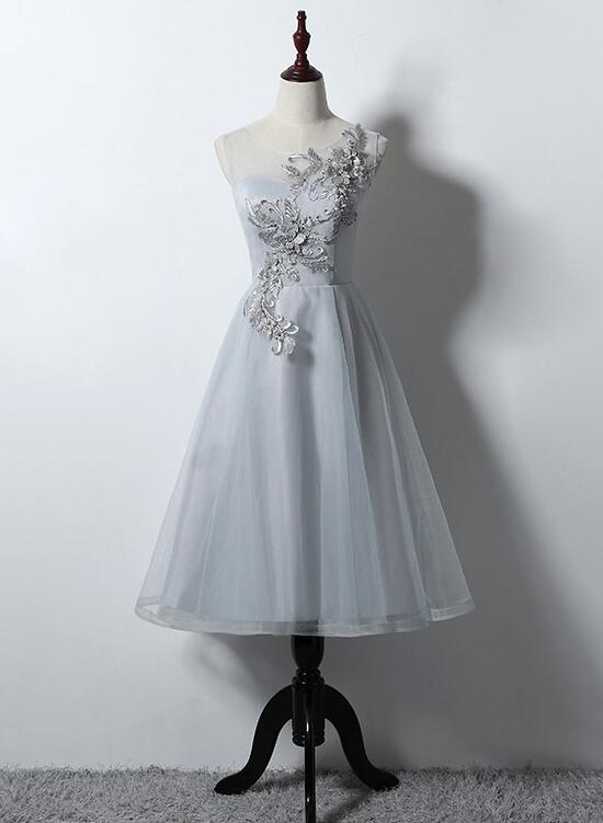 Beautiful Grey Tea Length Bridesmaid Dress, Round Neckline Party Dress