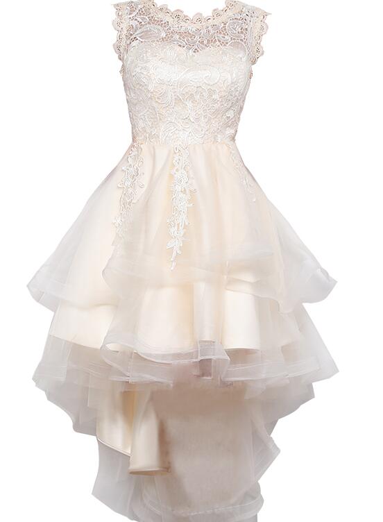 Lovely Champagne High Low Tulle And Lace Party Dress, Round Neckline Prom Dress