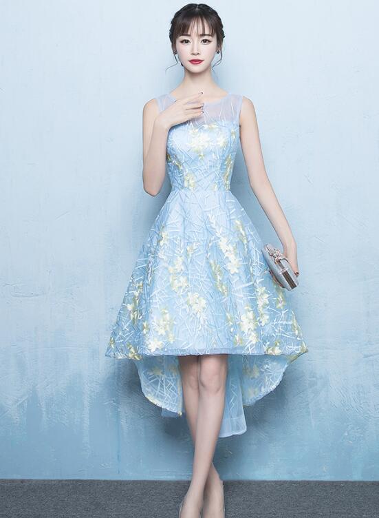 Cute Simple High Low Light Blue Lace Dress, Lovely Homecoming Dress