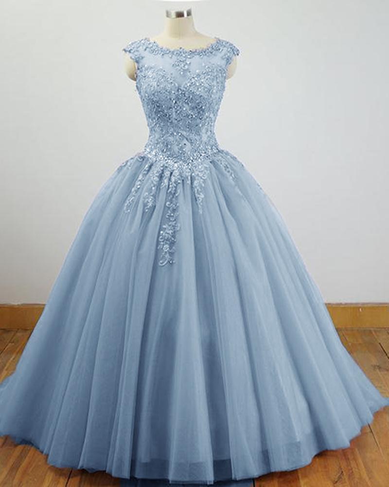 Charming Blue Tulle Long Ball Gown Sweet 16 Dress With Lace, Formal Gown