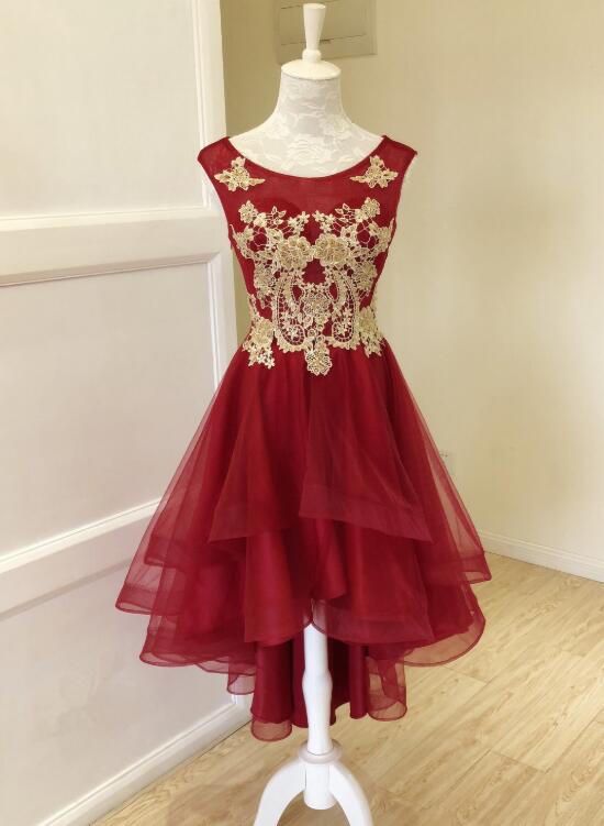 Beautiful Wine Red High Low Round Neckline Party Dress, Short Prom Dress