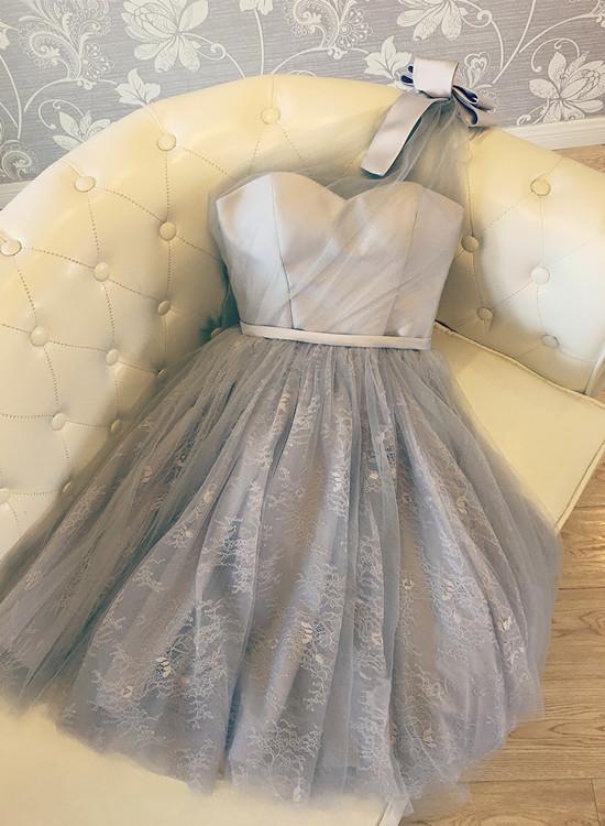 Beautiful Light Grey One Shoulder Tulle Bridesmaid Dress, Short Party Dress